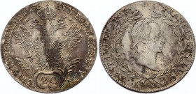 Austria 20 Kreuzer 1830 E

KM# 2145; For Transylvania - Karlsburg Mint. Silver, UNC-, Full mint luster, great details, original patina. Extremely ra...