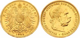 Austria 10 Corona 1905

KM# 2805; Franz Joseph I. Gold (.900) 3.39g. UNC.