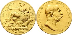 Austria 100 Corona 1908

KM# 2812; Proof; Gold (.900) 33.47g 37mm; Mintage 16.026; 60th Anniversary of the Reign of Franz Joseph I
