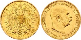 Austria 10 Corona 1911 St Schwartz

KM# 2816; Franz Joseph I. Gold (.900) 3.39g. UNC.