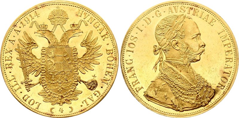 Austria 4 Ducat 1914

KM# 2276; Franz Joseph I. Gold (.986), 13.96g. UNC. Proo...