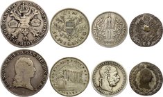 Austria Lot of 4 silver coins 1790 -1925

1 Corona 1901, 1 Schilling 1925, 1/4 Thaler 1793 & 5 Kreuzer 1790.