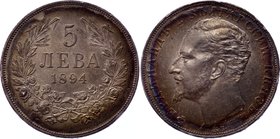 Bulgaria 5 Leva 1894 KB

KM# 18; Silver; Ferdinand I; UNC with beautiful toning.