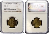 Estonia 1 Kroon 2008 NGC MS66

KM# 44; 90th Anniversary of the Republic of Estonia. Berlin Mint. Nordic Gold, UNC.