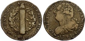 France 2 Sol 1791 A

KM# 603; Paris (Couvent des Barnabites) Poin over Letter "A" ; Louis XVI