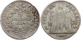 France 5 Francs 1798 L'an 7

F# 291/13; Union et force, UNION tight, with inner acorns and outer acorn; Silver