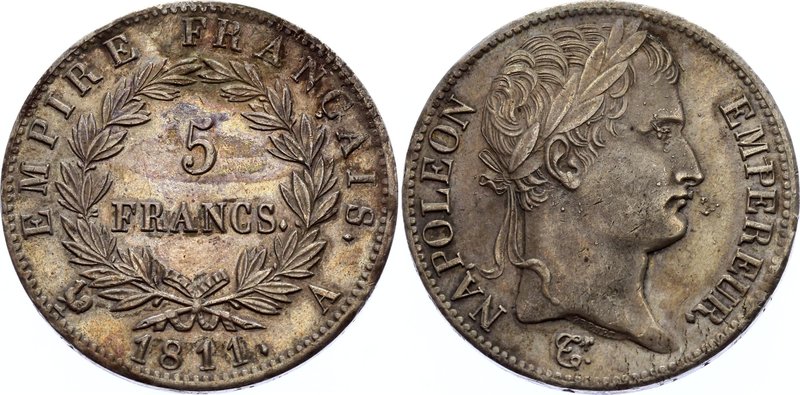 France 5 Francs 1811 A

KM# 694.1 Silver; Napoleon I; XF-AU. Nice Violet Tonin...