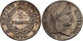 France 5 Francs 1811 A

KM# 694.1 Silver; Napoleon I; XF-AU. Nice Violet Toning. Rare in this grade.