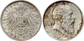 Germany - Empire Baden 2 Mark 1902

KM# 271; Silver; 50th Anniversary of the Reign of Duke Friedrich I