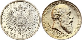 Germany - Empire Baden 2 Mark 1902

KM# 271; Silver; 50th Anniversary of the Reign of Duke Friedrich I; XF