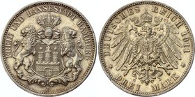 Germany - Empire Hamburg 3 Mark 1911 J

KM# 620; Silver; Nice Toning