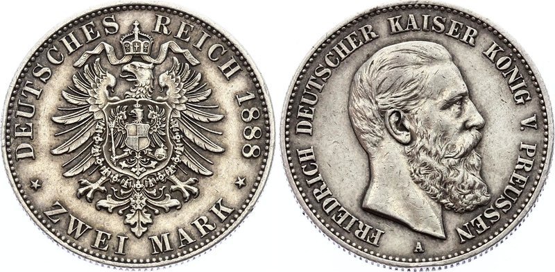 Germany - Empire Prussia 2 Mark 1888 A

KM# 510; Silver; Friedrich III; XF+ Ni...