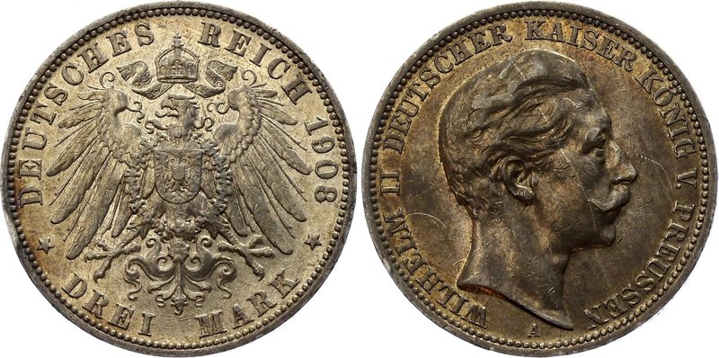 Germany - Empire Prussia 3 Mark 1908 A

KM# 527; Silver; Wilhelm II; XF Nice T...