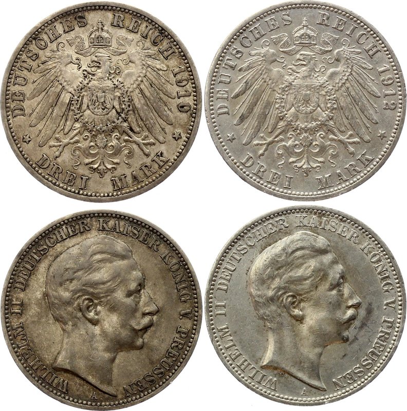 Germany - Empire Prussia 3 Mark 1910 & 1912

Prussia 3 Mark 1910 & 1912 A; Sil...