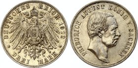 Germany - Empire Saxony 3 Mark 1912 E

KM# 1267; Silver; Friedrich August III; Mintage 378,750; XF