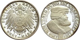 Germany - Empire Saxony 3 Mark 1917 (1992) Restrike

KM# 1276; Silver Proof; 400 Years of Reformation; Friedrich August III; Restrike of one othe ra...