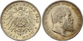 Germany - Empire Wurttemberg 3 Mark 1910 F

KM# 635; Silver; Wilhelm II; XF+ Nice Toning