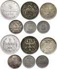 Germany Lot of 6 Coins

2 Reichsmark 1926 E, 1 Mark 1914 D, 1/2 Mark 1905 A, 5 Pfennig 1904 F, 5 Pfennig 1907 A, 3 Mark 1922 A; With Silver; Scarcer...