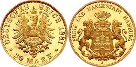 Germany - Empire Hamburg 20 Mark 1881 J (2001) Restrike

KM# 602; Gold 4.94g; Proof
