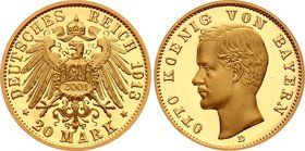 Germany - Empire Bavaria 20 Mark 1913 D (2001) Restrike

KM# 920; Gold 4.99g; Proof; Otto