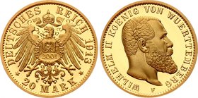 Germany - Empire Wurttemberg 20 Mark 1913 F (2001) Restrike

KM# 634; Gold 4.99g; Proof; Otto