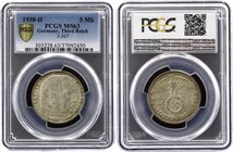 Germany - Third Reich 5 Reichsmark 1938 D PCGS MS63

KM# 94; Jaeger# 367; Paul von Hindenburg. Silver, UNC. PCGS MS63. Rare in this quality.