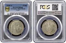 Germany - Third Reich 5 Reichsmark 1938 A PCGS MS64

KM# 94; Jaeger# 367; Paul von Hindenburg. Silver, UNC. PCGS MS64. Rare in this quality.