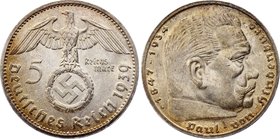 Germany - Third Reich 5 Reichsmark 1939 G

KM# 94; Silver; Paul von Hindenburg; Nice Toning