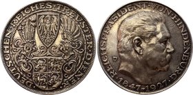 Germany - Weimar Republic Medal "80th Birthday of Paul von Hindenburg" 1927 D

X# 1; Silver 24.81g 36mm; Amazing Toning