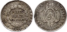 Bolivia 5 Centavos 1879 FE

KM# 157.1; Silver