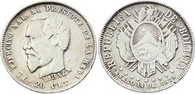 Bolivia 20 Centavos 1879

KM# 166; Silver; President H. Daza; VF+