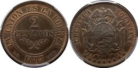 Bolivia 2 Centavos 1883 EG Essai PCGS SP64BN

KM# E4; Copper