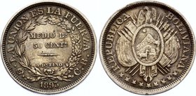 Bolivia 50 Centavos 1893 PTS CB

KM# 161.5 (reduced size; lettering without weight); Silver; XF