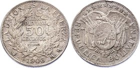 Bolivia 50 Centavos 1906 PTS MM

KM# 175.1; Silver; XF