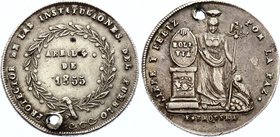 Bolivia Medal "Libre Y Feliz Por La Paz"

Silver 6.71g 26mm; Engraver: F. BAQUERA; Obv: A/LIBRE Y FELIZ POR LA PAZ; Rev: R/AL PROTECTOR DE LAS INSTI...