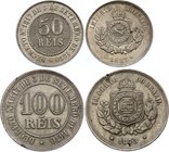 Brazil Lot of 2 Coins

50 Reis 1887, 100 Reis 1873; Pedro II