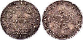 Chile 1 Decimo 1857 So

KM# 124; Silver; VF+/XF-
