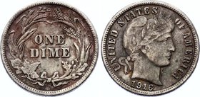 United States Dime 1916

KM# 113; Silver; "Barber Dime"; VF