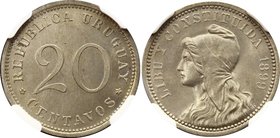 Uruguay 20 Centavos 1899 Pattern NGC MS65

KM# Pn37; Copper-Nickel