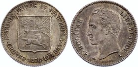 Venezuela 5 Centavos 1876

Y# 12; Silver; XF+