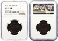 Russia Denga 1737 NGC MS61 BN

Bit# 293; Very Beautiful Coin in High Condition with Natural Patina