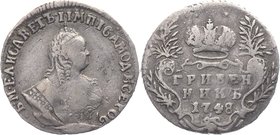 Russia Grivennik 1748

Bit# 208; Conros# 815; 0,75 Rouble Petrov; Silver 2,30g.; Edge - rope in the left; Red Mint