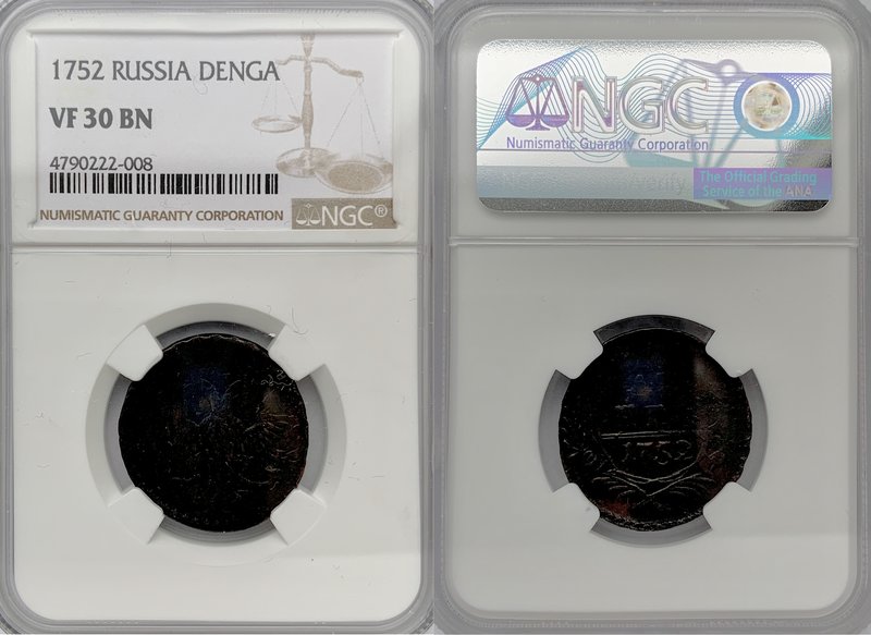 Russia Denga 1752 R NGC VF 30 BN

Bit# 361 (R); Copper; Edge netlike; Rare!