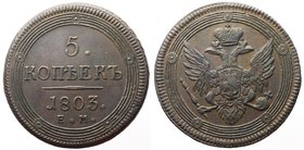 Russia 5 Kopeks 1803 EM

Bit# 287; Copper 55.08; Type 1806