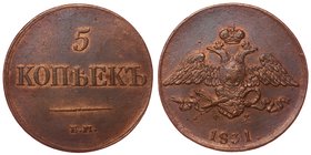 Russia 5 Kopeks 1831 ЕМ ФХ

Bit# 482; Copper 23.24g