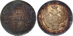 Russia 1 Rouble 1838 СПБ НГ

Bit# 181 R, Eagle of 1844. Wreath of 7 links; 1,5 Roubles by Petrov, 3 R by Ilyin. Silver, AUNC+, very beautiful cabine...