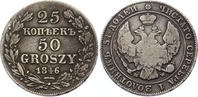 Russia - Poland 25 Kopeks 50 Groszy 1846 MW

Bit# 1252; Silver, VF. Rare coin.