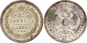 Russia 25 Kopeks 1859 СПБ-ФБ R

Bit# 131 R, St. George in cloak. Silver, UNC. Very rare coin especially in high grade.