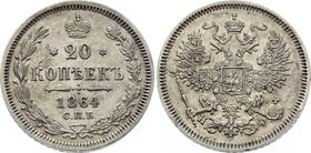 Russia 20 Kopeks 1864 СПБ НФ

Bit# 177; Silver 4.01g
