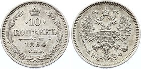 Russia 10 Kopeks 1864 СПБ НФ

Bit# 200; Silver 2.02g